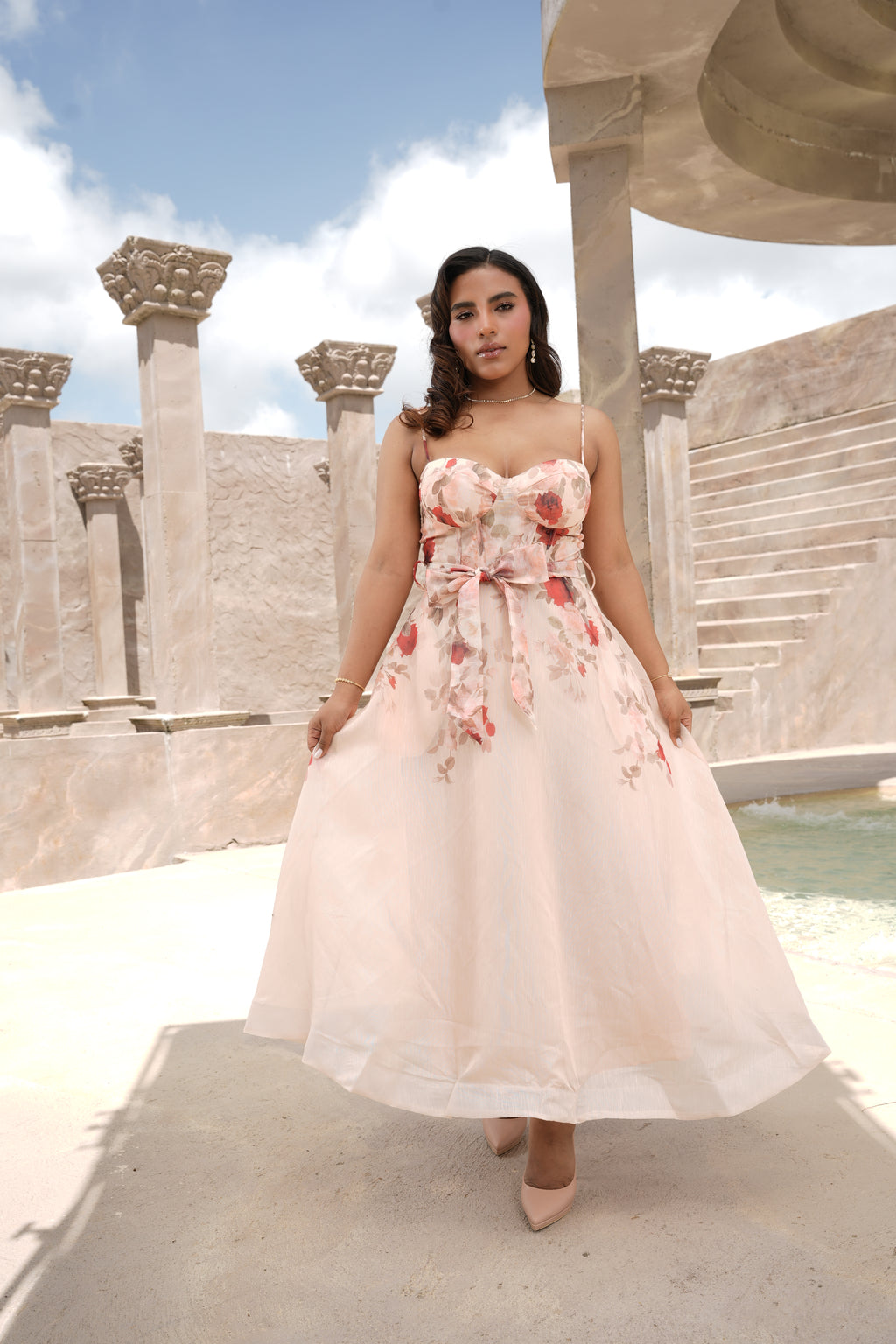 Vestido Largo Floral Rosa con Corset